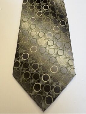 Vintage Pierre Cardin Green, Cream & Black Circle-Pattern Silk Tie